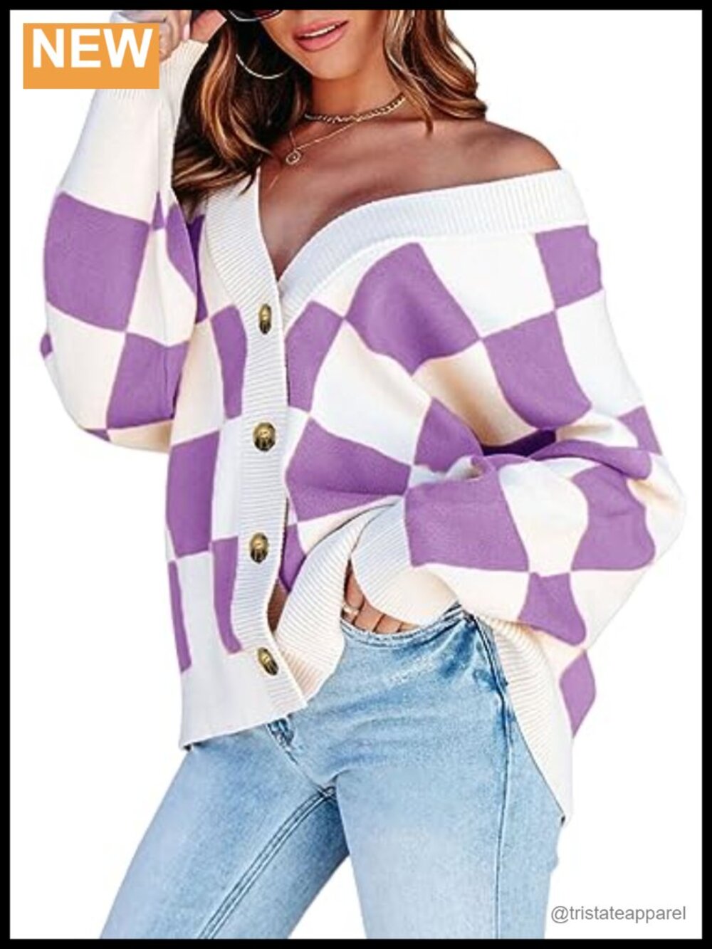 Women's Cable Knit Plaid Cardigan with V Neck, Button Down, Long Sleeve, Loose